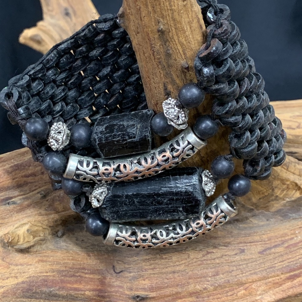 Tourmaline, Silver/Copper Bead & Leather Bracelet